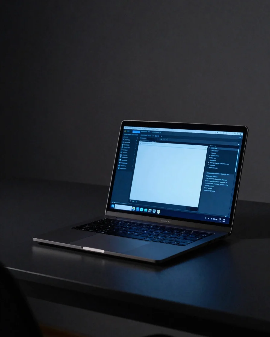 Editorial technology photography of a clean analyst workstation in a controlled low-key studio, a laptop displaying an u