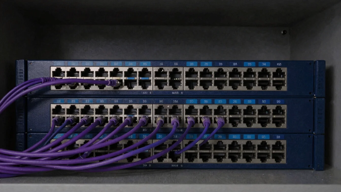 Editorial close-up of a network switch with neatly routed cables