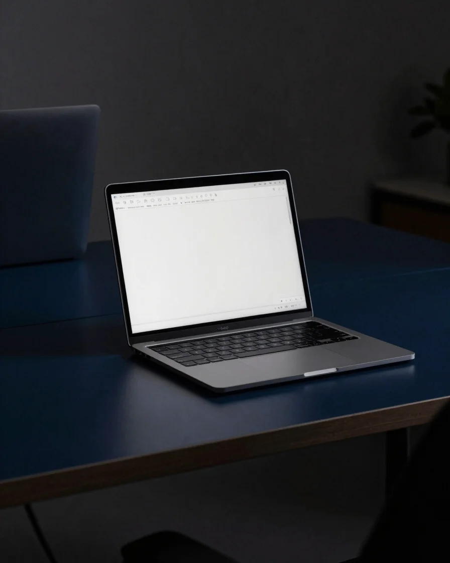 Editorial technology photography of a small-business office desk with a laptop showing a neutral, non-sensitive settings