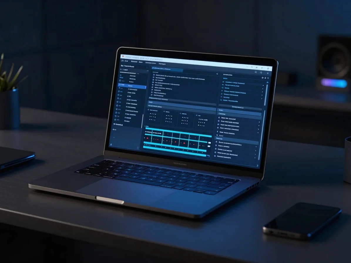 Close-up editorial photograph of a workstation with a focused vie