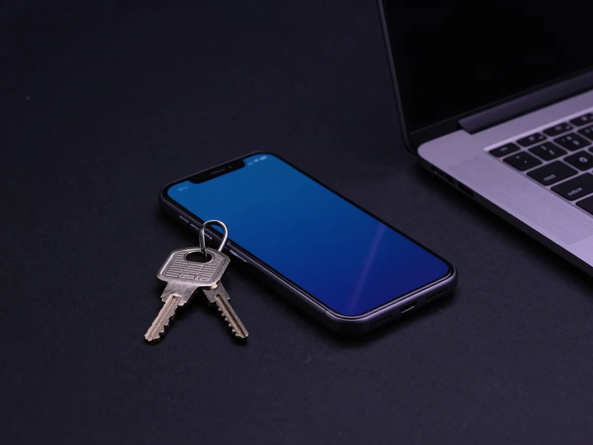 Editorial photograph of a phone and security key resting on a cha